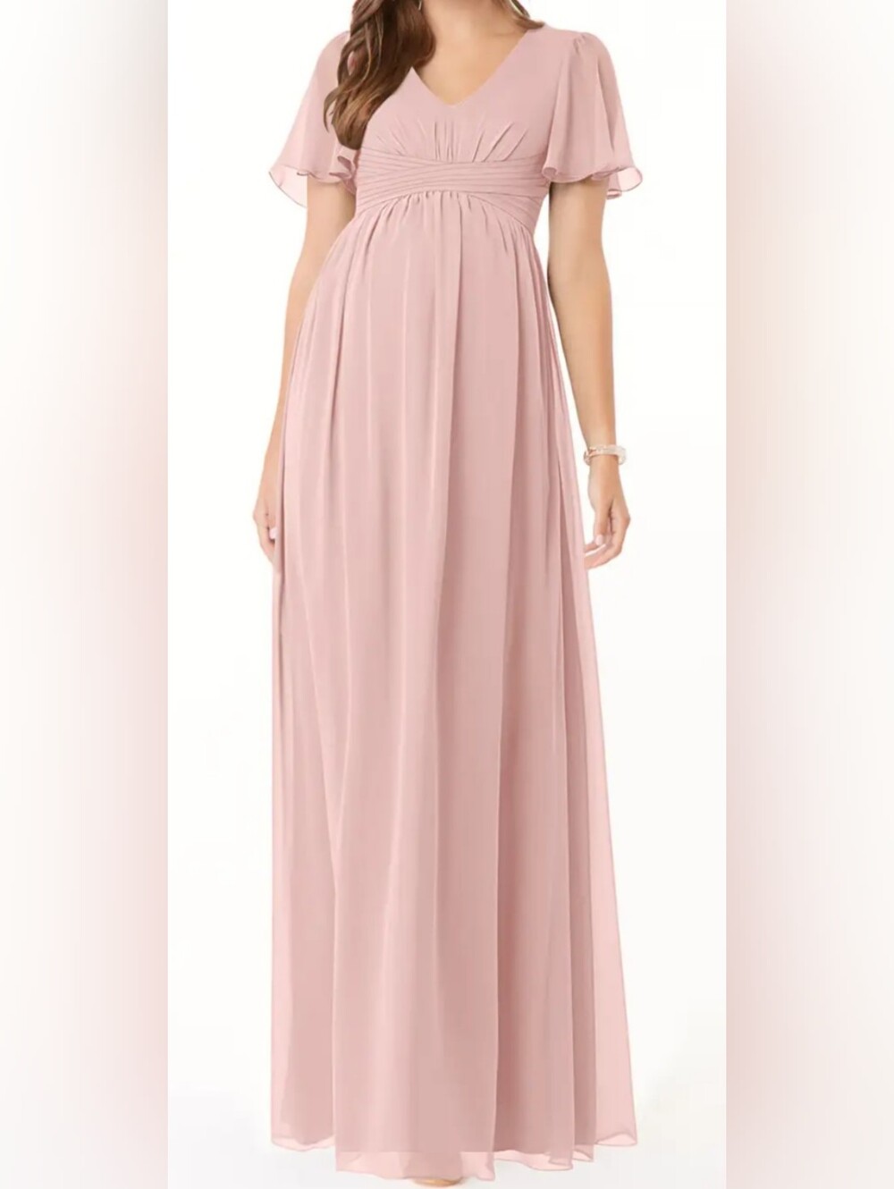 Azazie Blush Pink Flutter-Sleeve Empire Maxi Dress